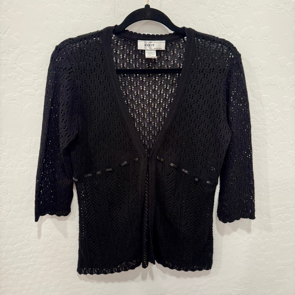 Y2K Kikit Open Knit Crochet Sweater Womens Small Black Vintage Babydoll Coquette